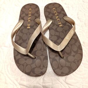 Coach Brown and Gold Flip Flops